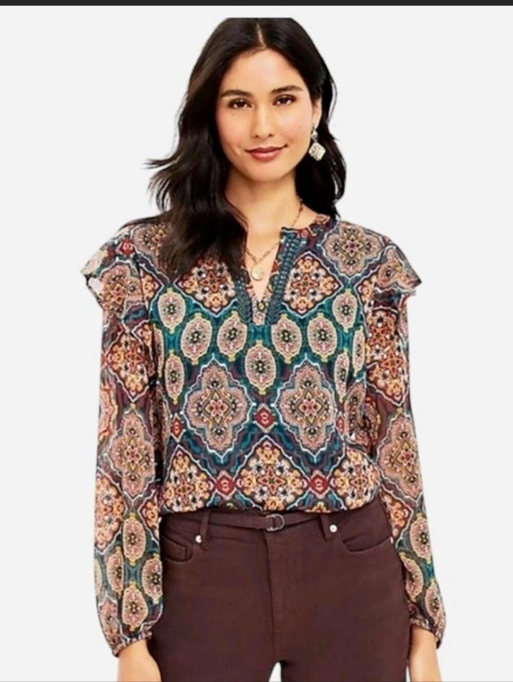 LOFT Multicolor Ruffle Sleeve Medallion Blouse Top Large Burgundy Gteen Tan Boho
